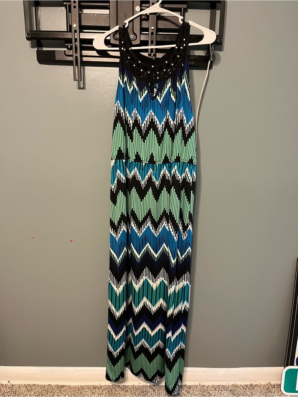 AB Studio Sleeveless Chevron Maxi Dress in Blue, Green & Black